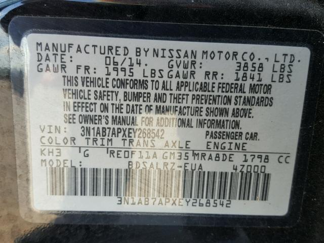 3N1AB7APXEY268542 - 2014 NISSAN SENTRA S BLACK photo 10