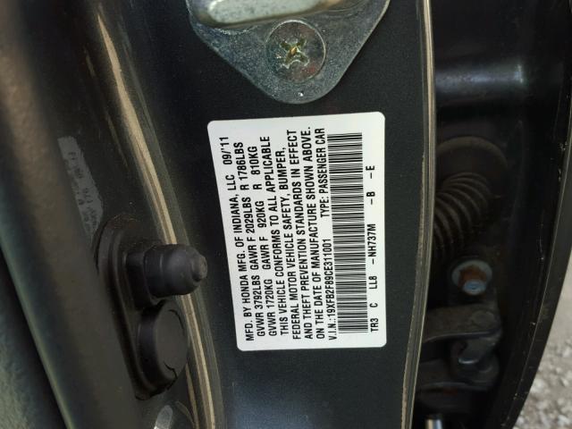 19XFB2F89CE311001 - 2012 HONDA CIVIC EX GRAY photo 10