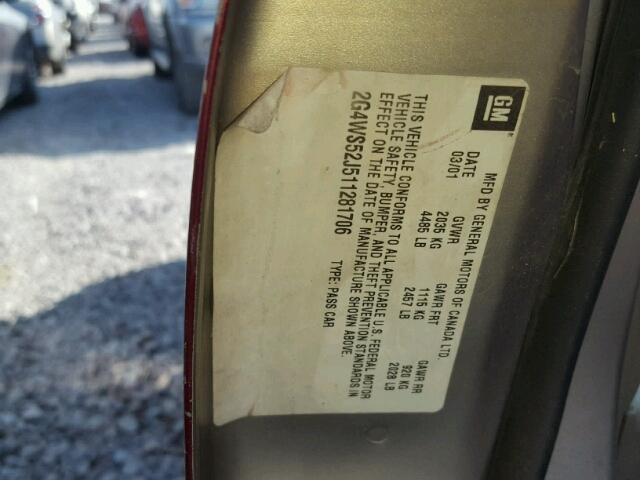 2G4WS52J511281706 - 2001 BUICK CENTURY BURGUNDY photo 10