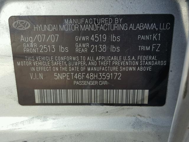 5NPET46F48H359172 - 2008 HYUNDAI SONATA GLS SILVER photo 10