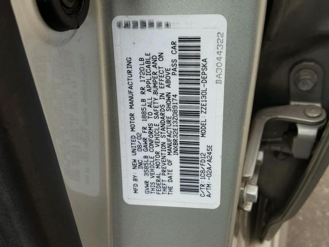 1NXBR32E13Z089174 - 2003 TOYOTA COROLLA CE SILVER photo 10