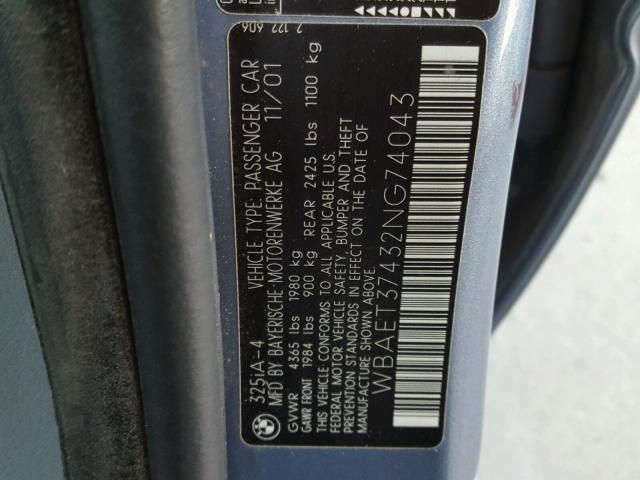 WBAET37432NG74043 - 2002 BMW 325 I BLUE photo 10
