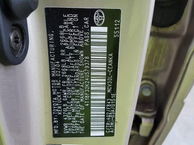 4T1BF32K24U579378 - 2004 TOYOTA CAMRY LE SILVER photo 10