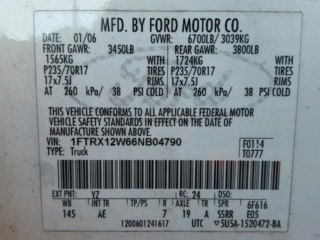 1FTRX12W66NB04790 - 2006 FORD F150 WHITE photo 10