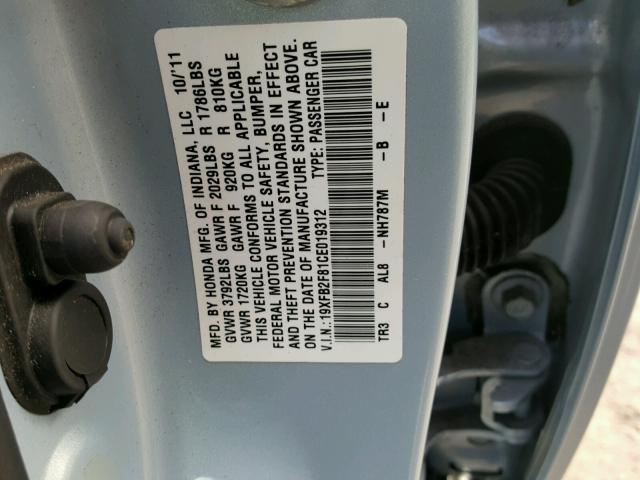 19XFB2F81CE019312 - 2012 HONDA CIVIC EX أزرق صورة 10