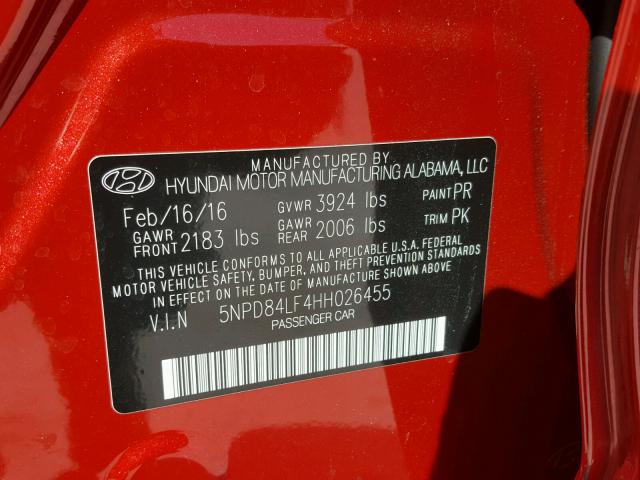 5NPD84LF4HH026455 - 2017 HYUNDAI ELANTRA SE RED photo 10