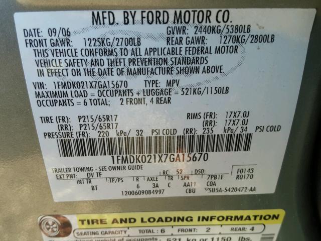 1FMDK021X7GA15670 - 2007 FORD FREESTYLE TWO TONE photo 10