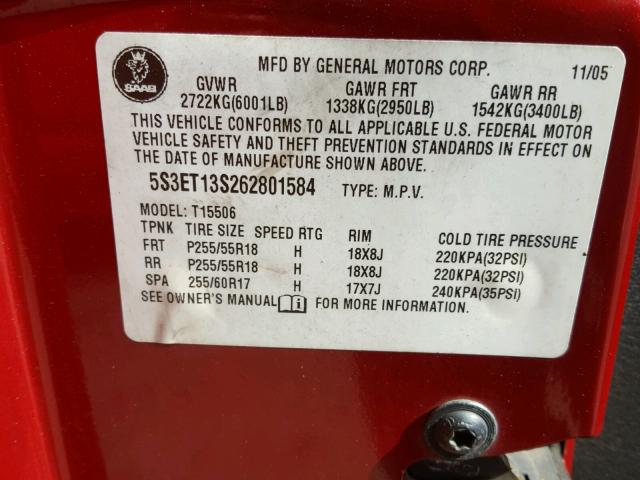 5S3ET13S262801584 - 2006 SAAB 9-7X LINEA BURGUNDY photo 10