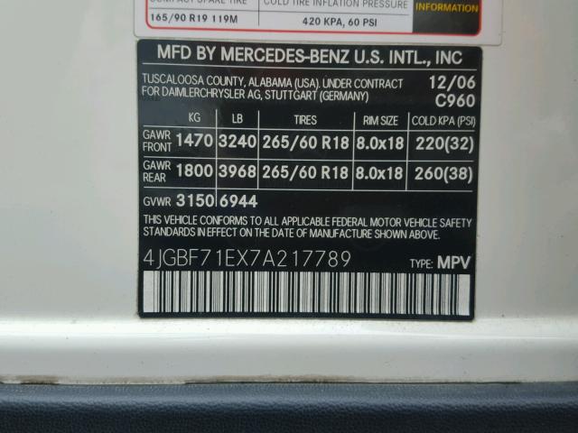 4JGBF71EX7A217789 - 2007 MERCEDES-BENZ GL 450 4MA WHITE photo 10