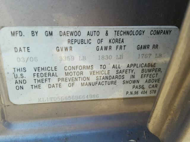 KL1TD56656B664986 - 2006 CHEVROLET AVEO BASE GRAY photo 10