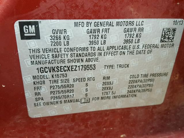 1GCVKSECXEZ179553 - 2014 CHEVROLET SILVERADO RED photo 10