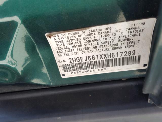 2HGEJ661XXH517299 - 1999 HONDA CIVIC BASE GREEN photo 10