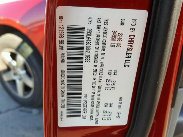 2B3LA43G18H219620 - 2008 DODGE CHARGER RED photo 10