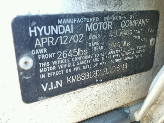 KM8SB12B12U278114 - 2002 HYUNDAI SANTA FE G WHITE photo 10