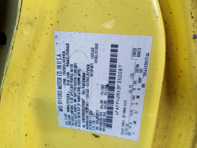 1FAFP42RX3F350087 - 2003 FORD MUSTANG MA YELLOW photo 10