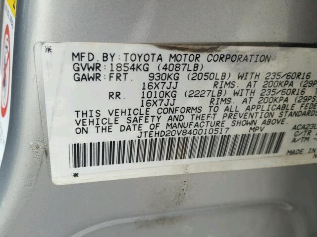 JTEHD20V840010517 - 2004 TOYOTA RAV4 SILVER photo 10