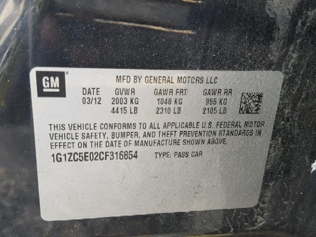 1G1ZC5E02CF316854 - 2012 CHEVROLET MALIBU 1LT BLACK photo 10