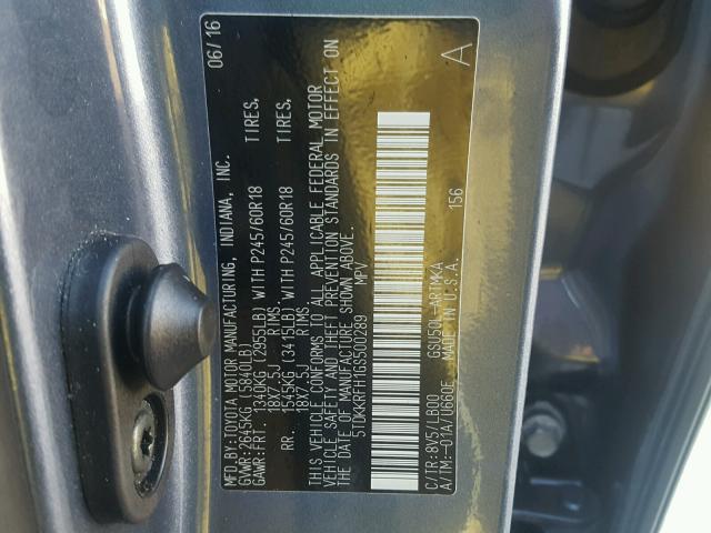 5TDKKRFH1GS500289 - 2016 TOYOTA HIGHLANDER ლურჯი ფოტო 10