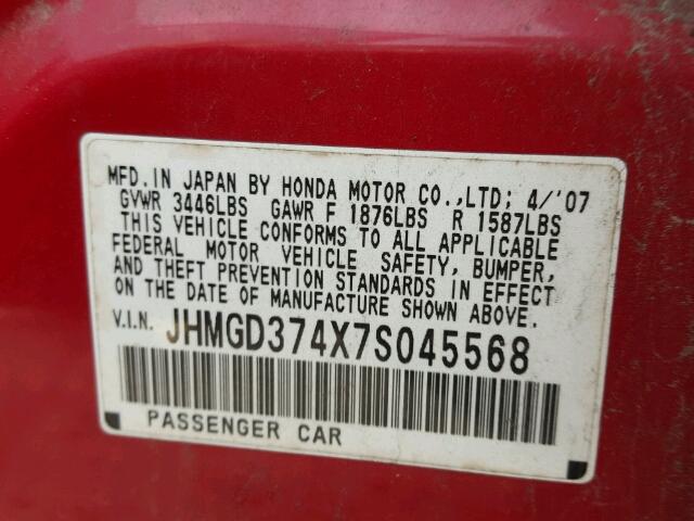 JHMGD374X7S045568 - 2007 HONDA FIT RED photo 10