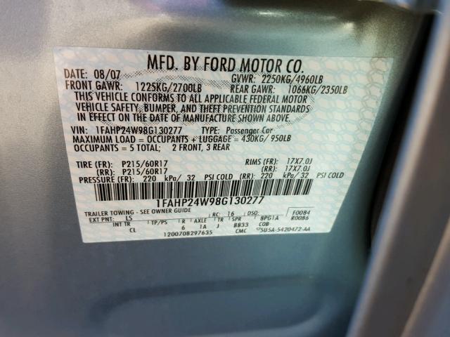 1FAHP24W98G130277 - 2008 FORD TAURUS SEL BLUE photo 10