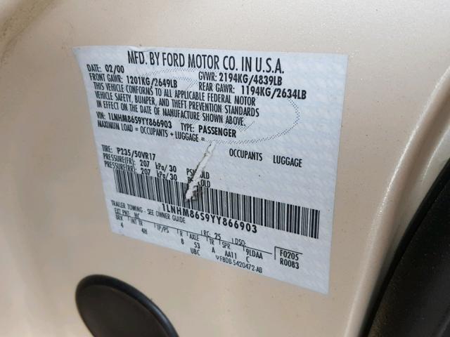 1LNHM86S9YY866903 - 2000 LINCOLN LS 金色 照片 10