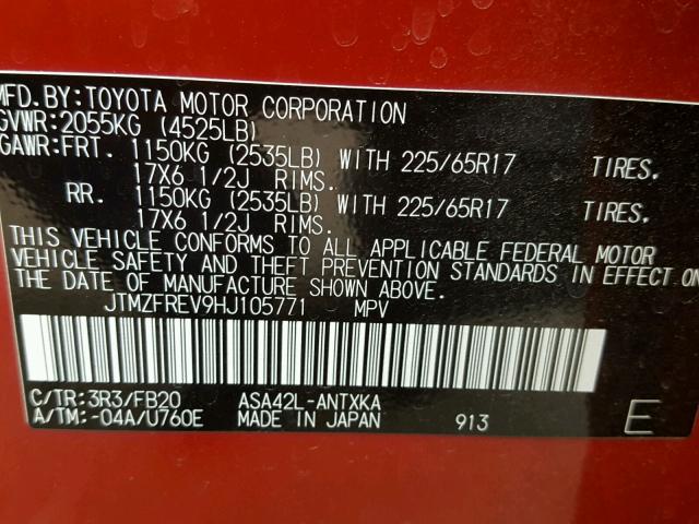 JTMZFREV9HJ105771 - 2017 TOYOTA RAV4 LE RED photo 10