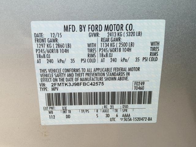 2FMTK3J98FBC42575 - 2015 FORD EDGE SEL SILVER photo 10