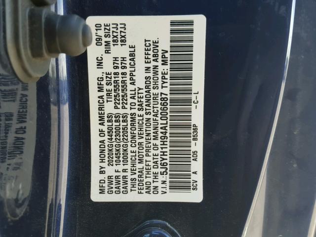 5J6YH1H94AL006687 - 2010 HONDA ELEMENT SC BLUE photo 10