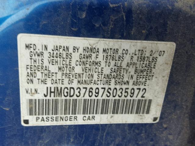 JHMGD37697S035972 - 2007 HONDA FIT S BLUE photo 10