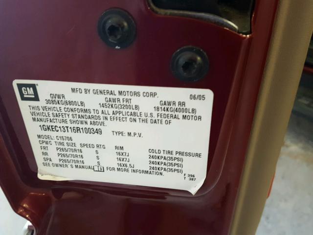 1GKEC13T16R100349 - 2006 GMC YUKON MAROON photo 10