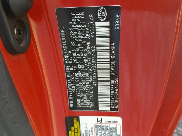 4T1CE38P36U747302 - 2006 TOYOTA CAMRY SOLA RED photo 10