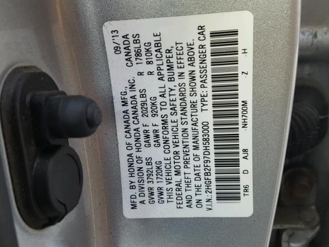 2HGFB2F97DH583000 - 2013 HONDA CIVIC EXL SILVER photo 10