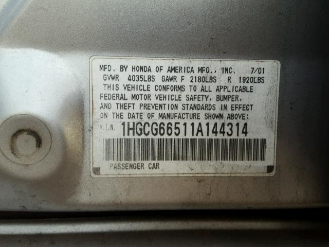 1HGCG66511A144314 - 2001 HONDA ACCORD LX SILVER photo 10