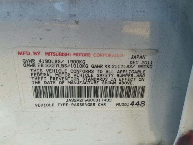 JA32V2FW8CU017433 - 2012 MITSUBISHI LANCER SE WHITE photo 10