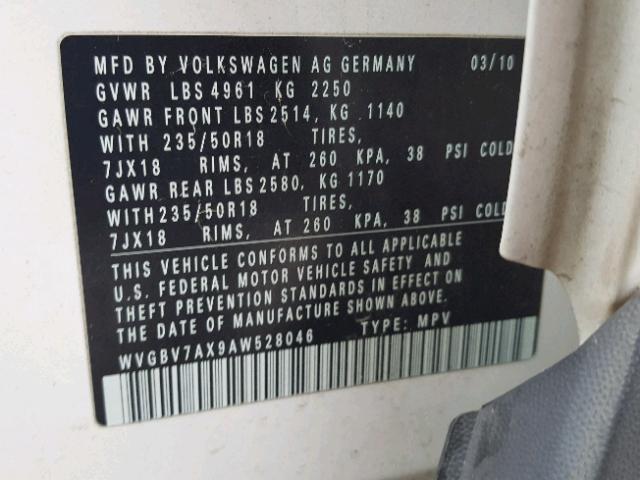 WVGBV7AX9AW528046 - 2010 VOLKSWAGEN TIGUAN SE Weiß Foto 10