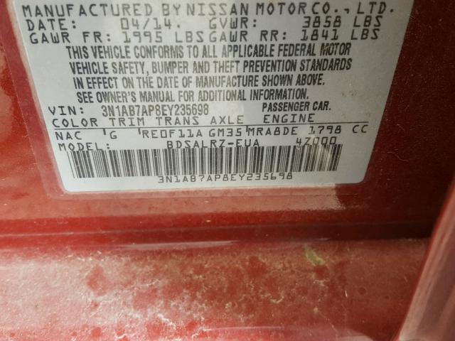 3N1AB7AP8EY235698 - 2014 NISSAN SENTRA S RED photo 10