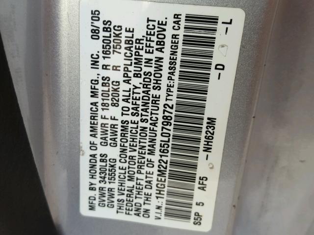 1HGEM22165L079872 - 2005 HONDA CIVIC DX V SILVER photo 10