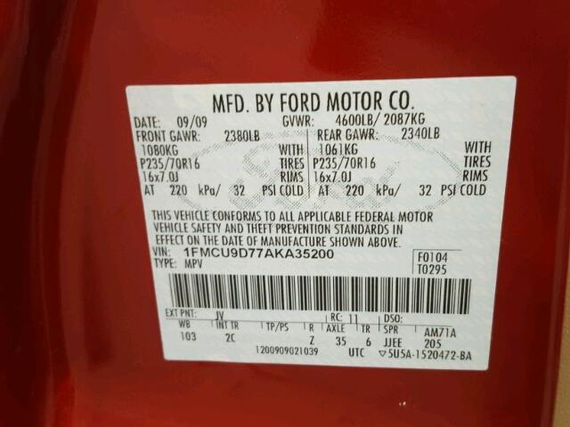 1FMCU9D77AKA35200 - 2010 FORD ESCAPE XLT RED photo 10