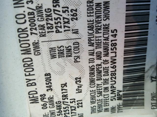 5LMPU28L6WLJ58145 - 1998 LINCOLN NAVIGATOR WHITE photo 10