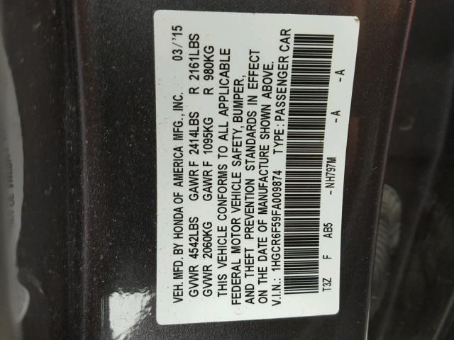 1HGCR6F59FA009874 - 2015 HONDA ACCORD HYB CHARCOAL photo 10