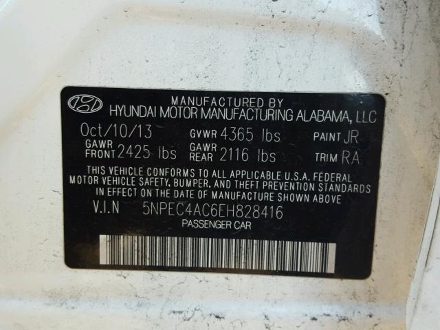 5NPEC4AC6EH828416 - 2014 HYUNDAI SONATA SE WHITE photo 10