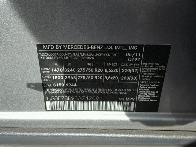 4JGBF7BE9BA742091 - 2011 MERCEDES-BENZ GL 450 4MA SILVER photo 10