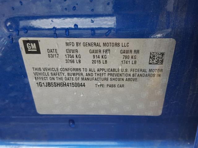 1G1JB5SH6H4150044 - 2017 CHEVROLET SONIC LS BLUE photo 10