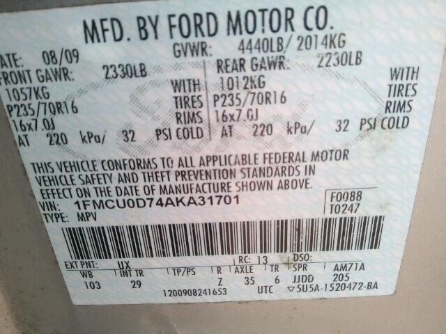 1FMCU0D74AKA31701 - 2010 FORD ESCAPE XLT SILVER photo 10