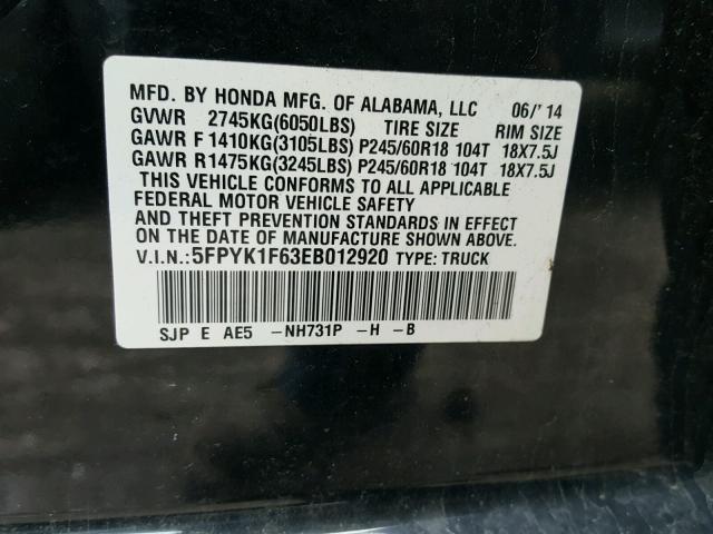 5FPYK1F63EB012920 - 2014 HONDA RIDGELINE BLACK photo 10