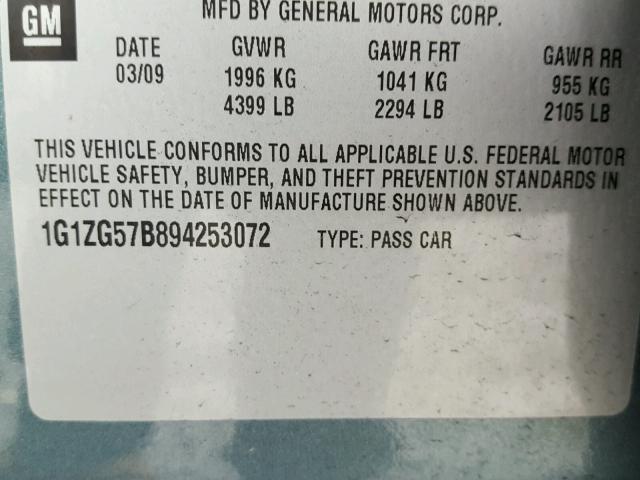 1G1ZG57B894253072 - 2009 CHEVROLET MALIBU LS მწვანე ფოტო 10