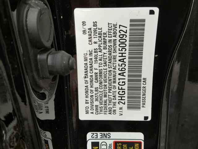 2HGFG1A65AH500927 - 2010 HONDA CIVIC LX BLACK photo 10