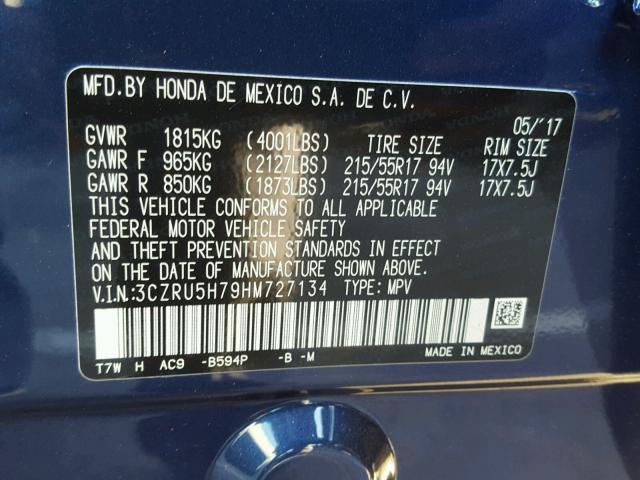 3CZRU5H79HM727134 - 2017 HONDA HR-V EXL BLUE photo 10