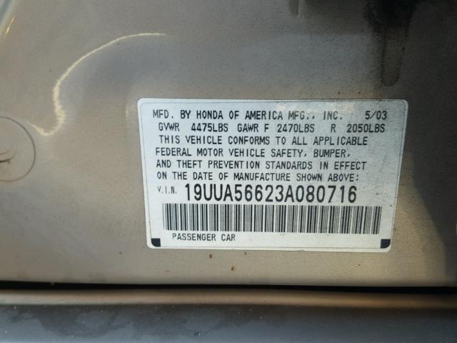 19UUA56623A080716 - 2003 ACURA 3.2TL TAN photo 10