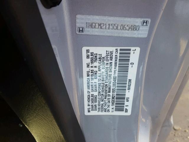 1HGEM21155L065480 - 2005 HONDA CIVIC DX V GRAY photo 10